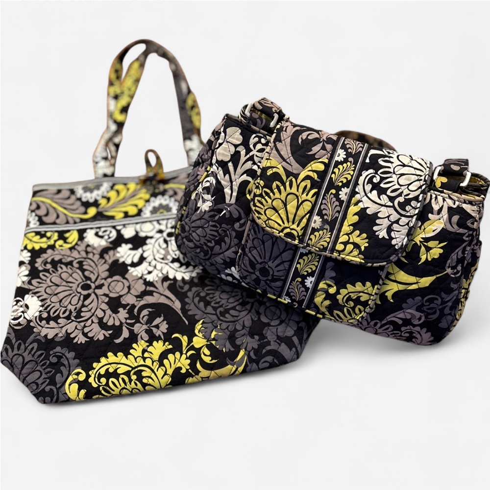 Vera Bradley Handbag and Tote Set. Black and Yellow Paisley Print.